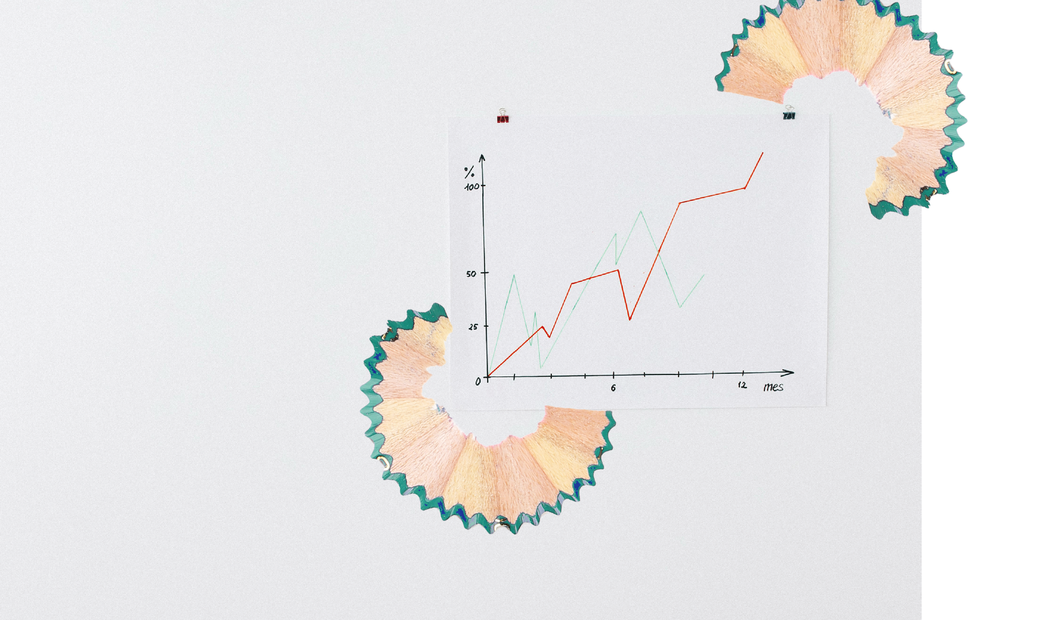 Ein Diagramm mit Liniengrafiken auf einem Blatt Papier an der Wand, ergänzt durch dekorative Bleistiftspäne.